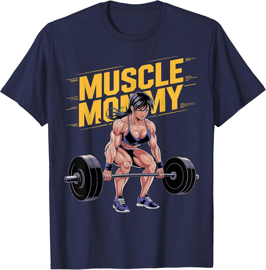 Anime Muscle Mommy Weightlifting Fitness Girl Aesthetic T-Shirt - Navy Blue