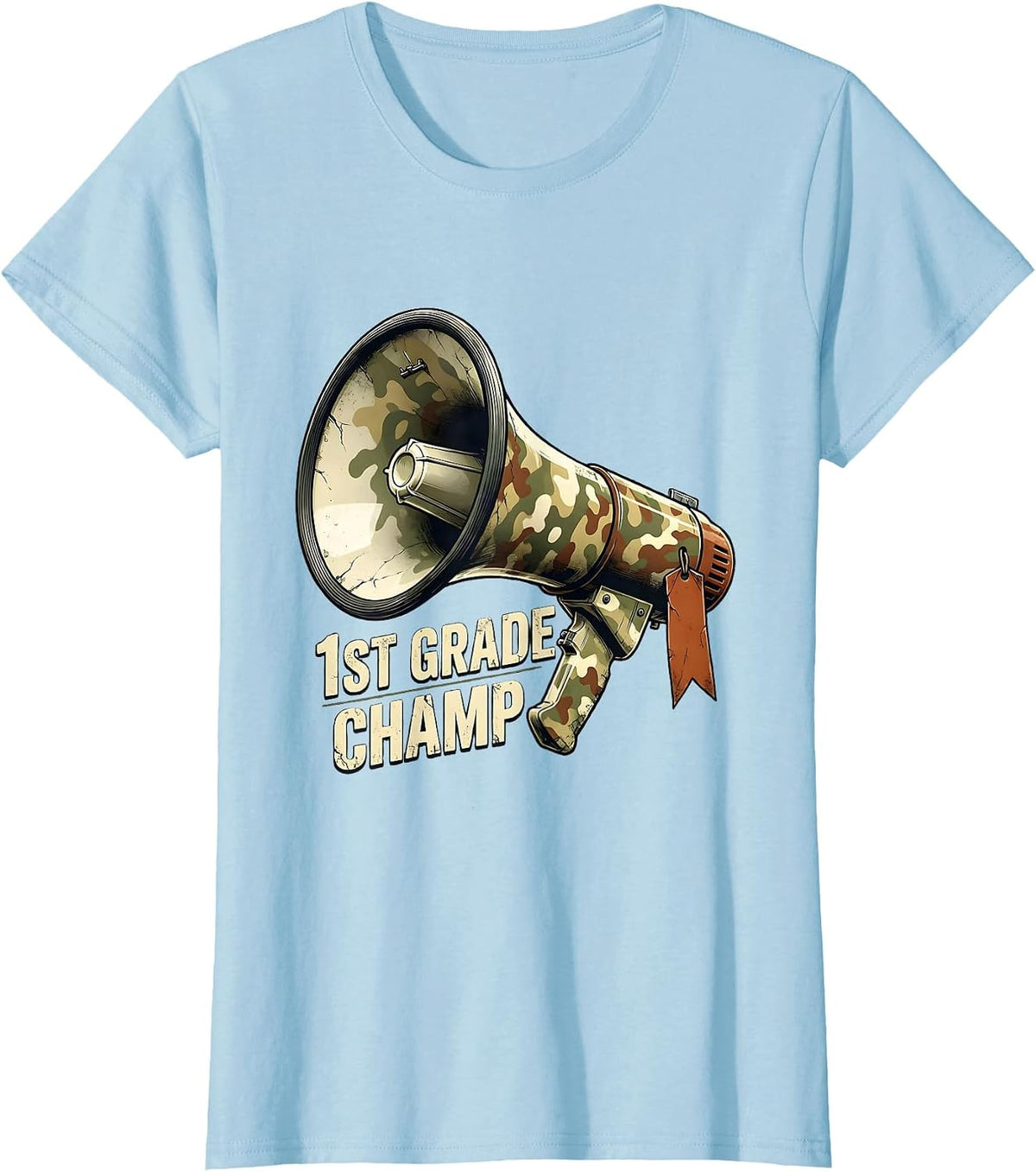 Women's 1st Grade Champ Distressed Camo School Megaphone Back T-Shirt - Baby Blue