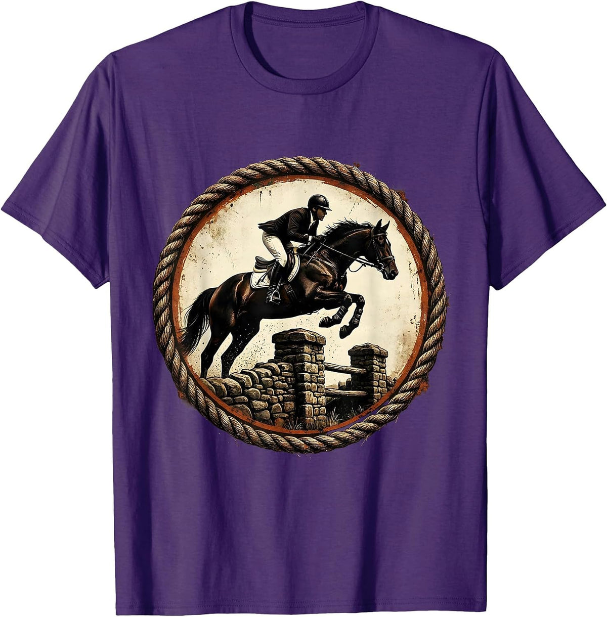 Horse and Rider Jumping Stone Fence Illustration T-Shirt - Purple