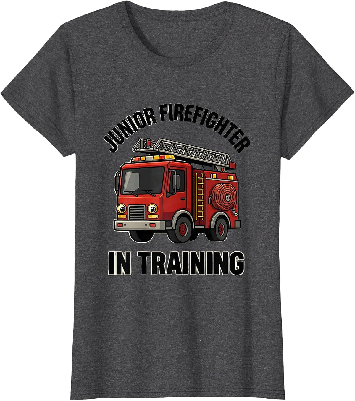 Women's Junior Firefighter In Training Bold Cartoon Fire Truck Kids T-Shirt - Dark Heather Grey