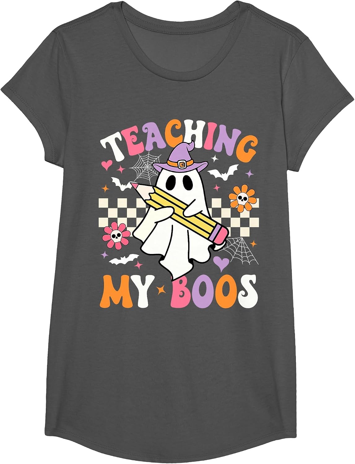 Teaching My Boos Ghost Teacher Cute Groovy Halloween Teacher T-Shirt - Girls Asphalt Grey