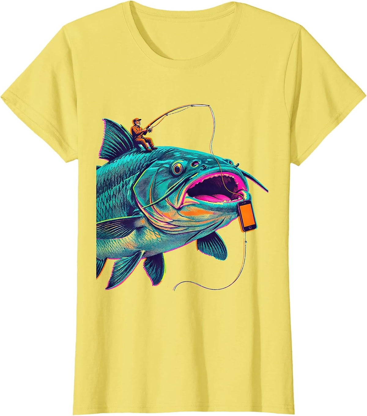 Women's Hooked Catfish Dad Funny Fishing Gift for Dads T-Shirt - Lemon Yellow