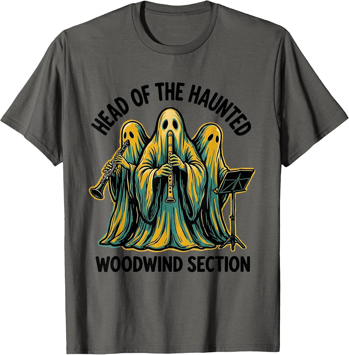 Men's Head of the Haunted Woodwind Section Whimsical Music Teacher T-Shirt - Asphalt Grey