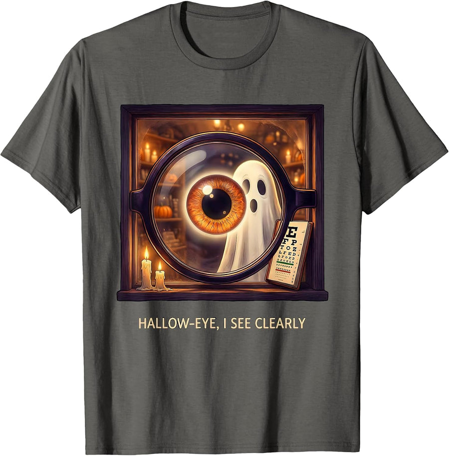 Hallow-Eye, I See Clearly Funny Optometrist Halloween Eye T-Shirt - Asphalt Grey