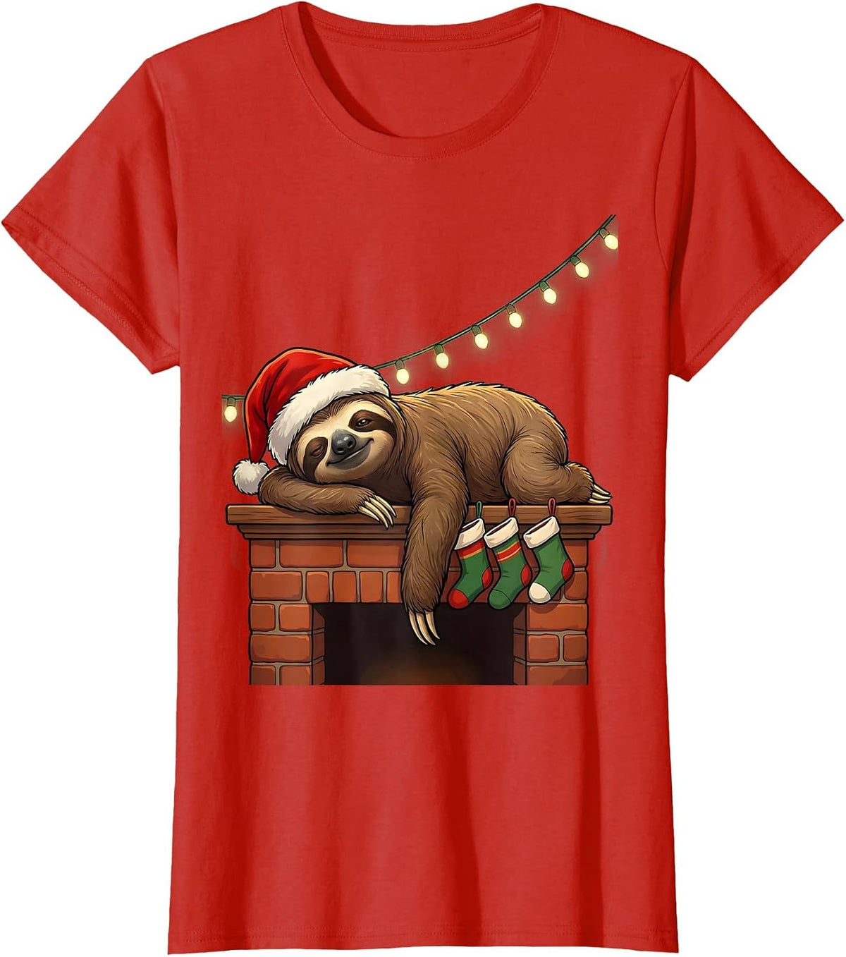 Sloth Santa Hat Christmas Lights Funny Ugly Holiday T-Shirt - Red
