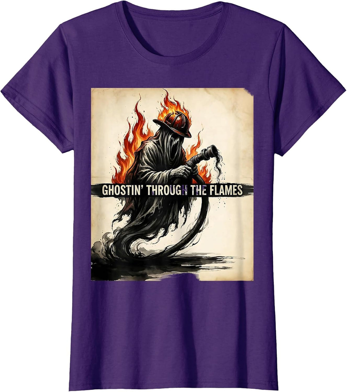 Women's Halloween Firefighter Ghost Ghostin Through the Flames T-Shirt - Purple