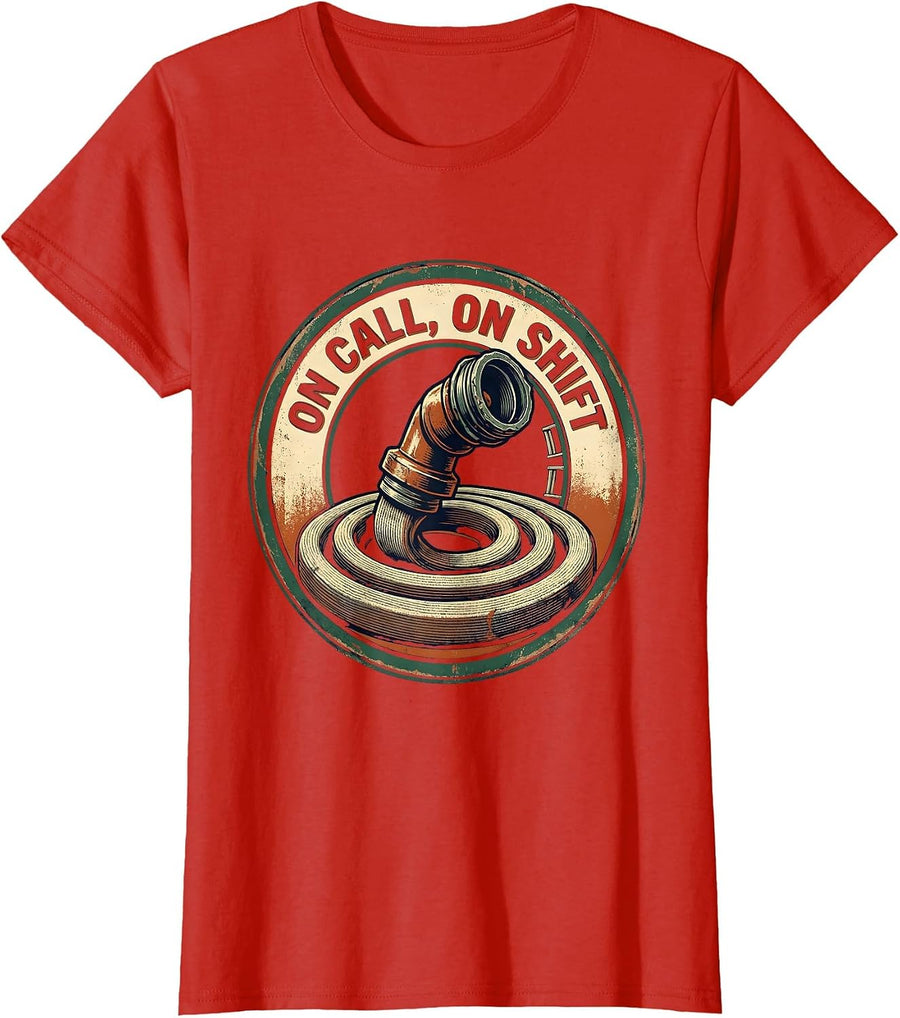 Women's On Call On Shift Vintage Firefighter Badge Memorial Tribute T-Shirt - Red