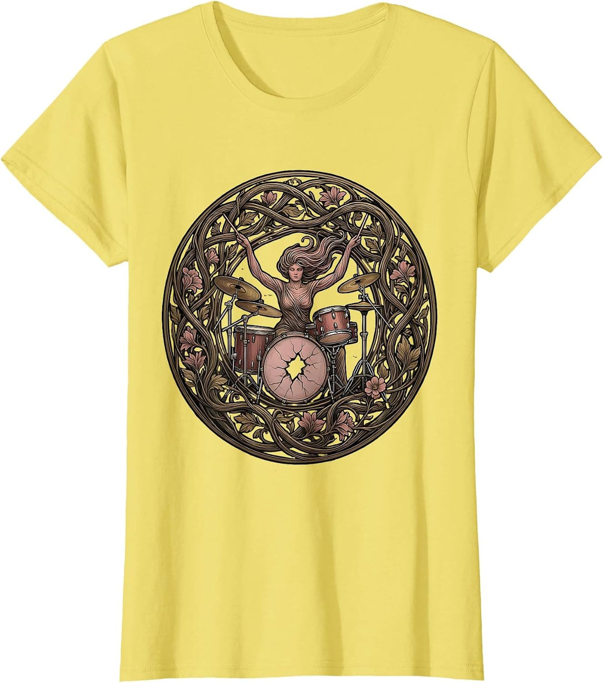 Women's Drummer Through Cracked Bass Drum Band Tee T-Shirt - Lemon Yellow