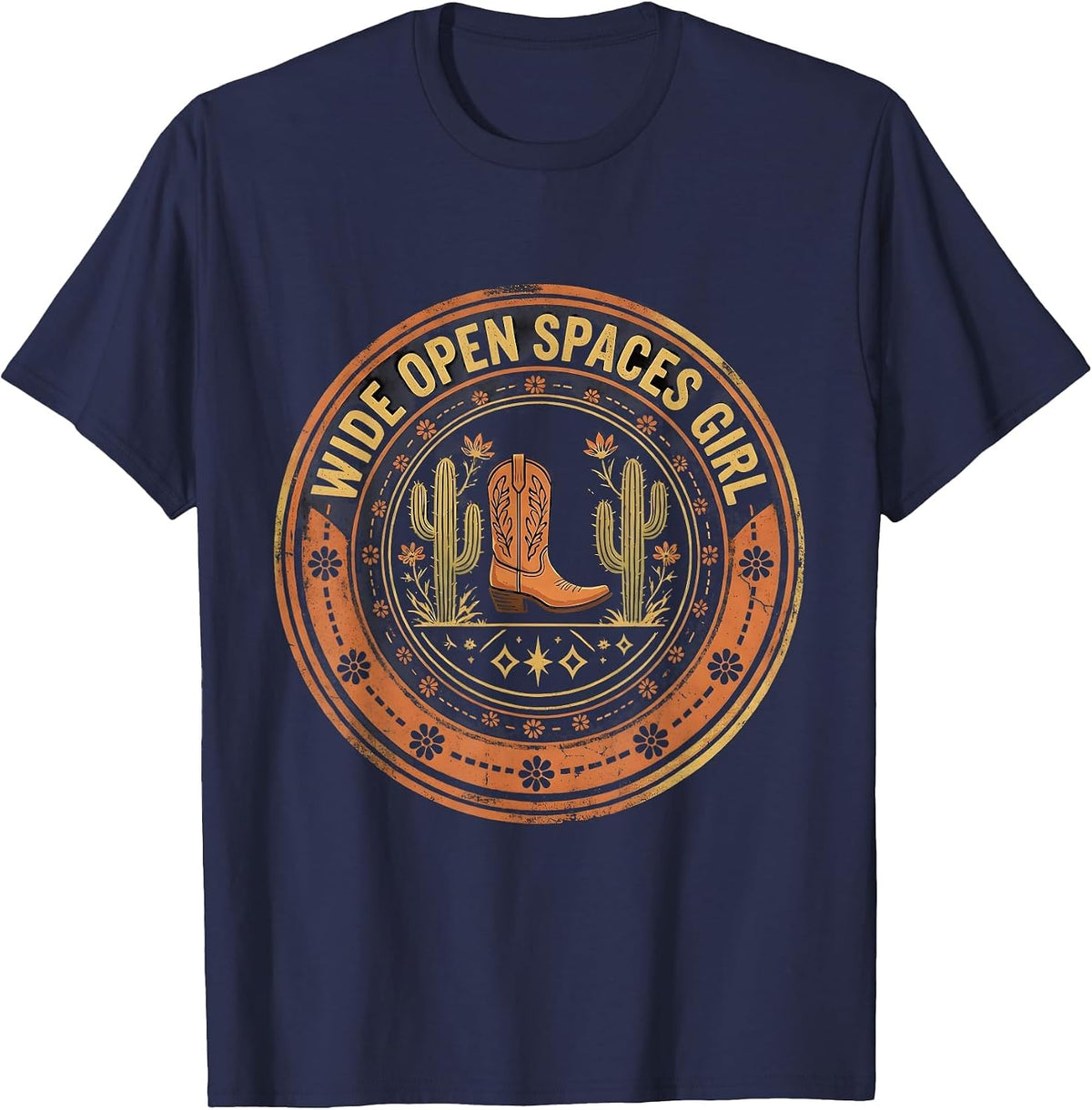 Wide Open Spaces Girl Western Design T-Shirt - Navy Blue