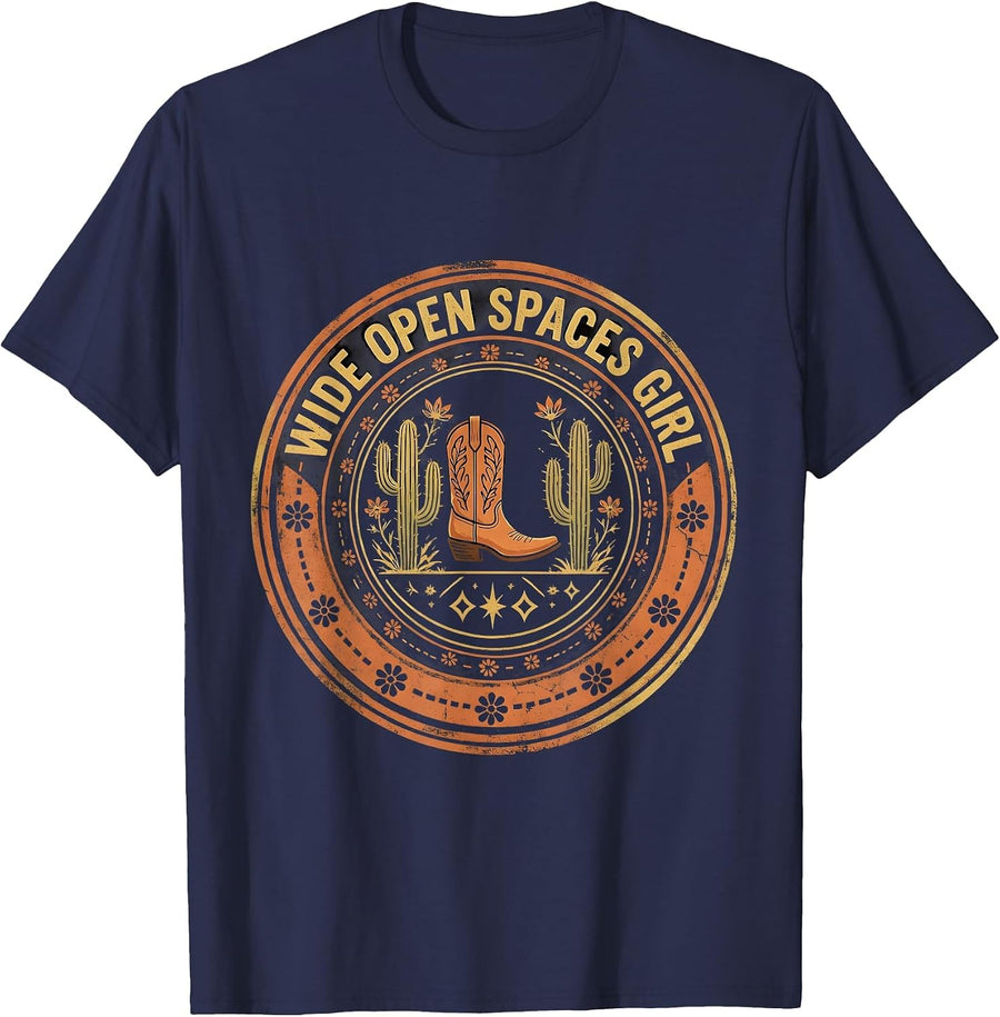 Wide Open Spaces Girl Western Design T-Shirt - Navy Blue