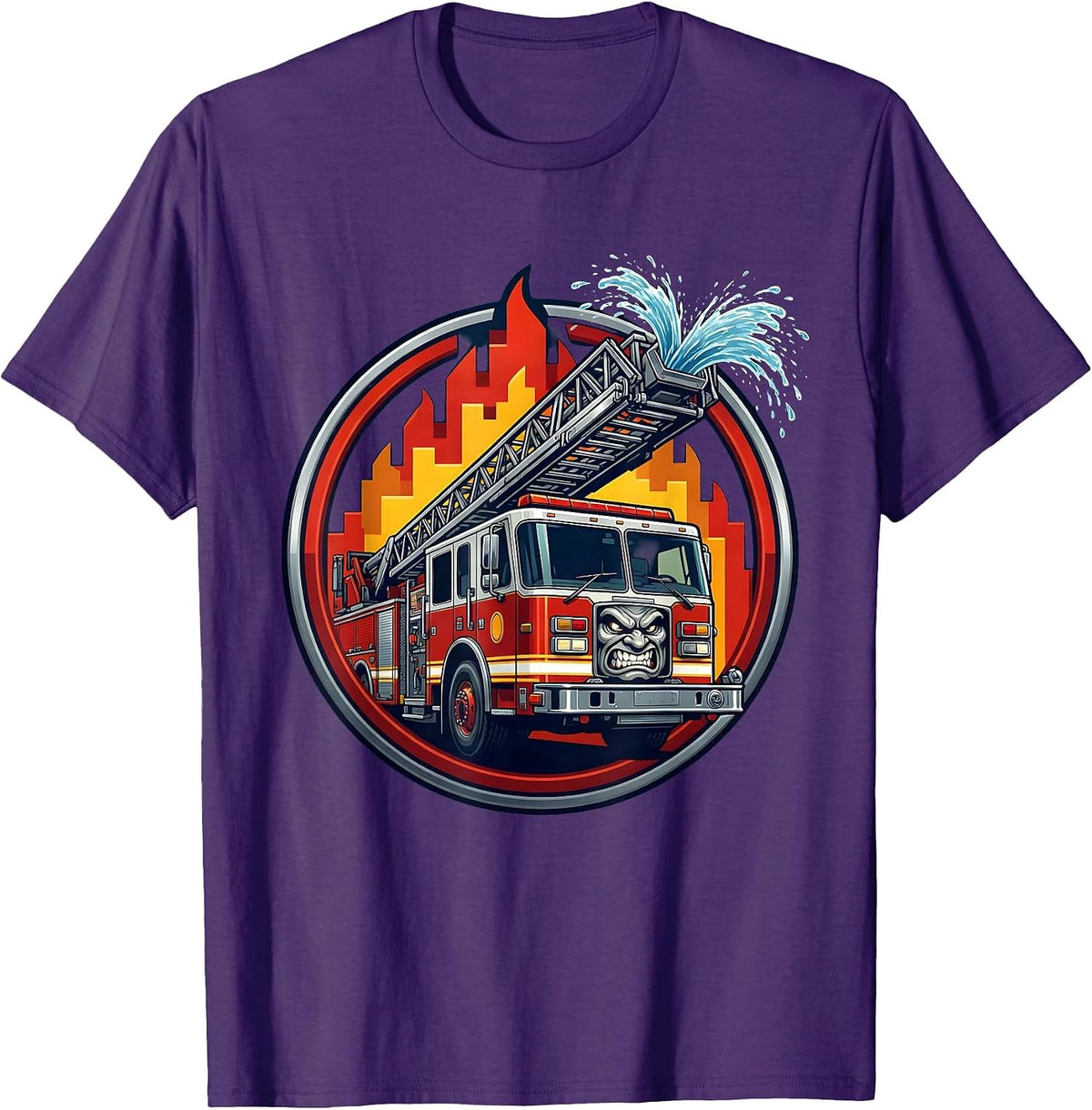 Aerial Ladder Truck Fighting Massive Blaze Firefighter T-Shirt - Purple
