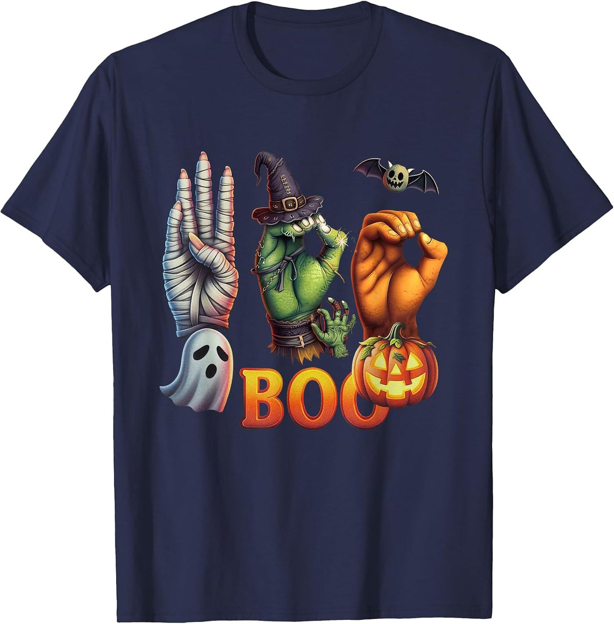 Boo Hands American Sign Language Pride ASL Halloween Witch T-Shirt - Navy Blue