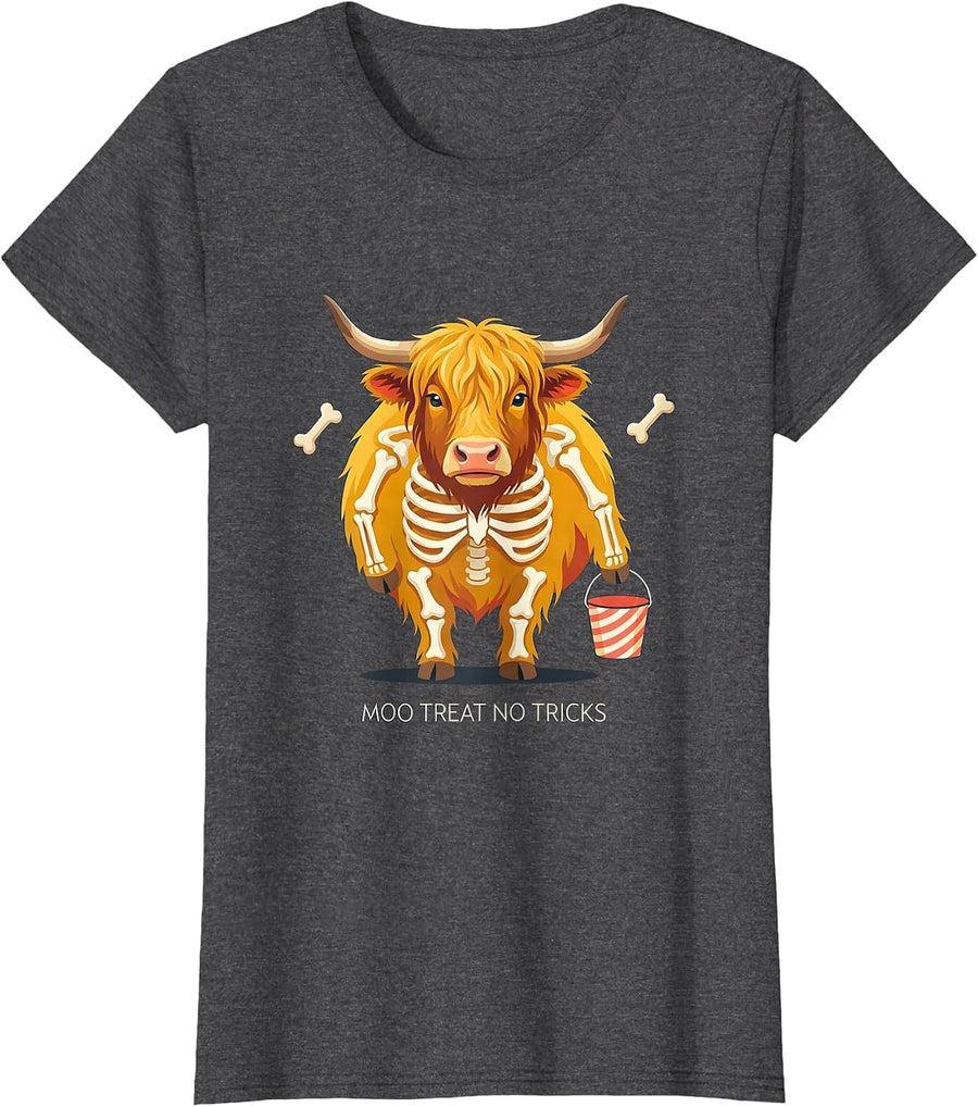 Women's Moo Treat, No Tricks Funny Highland Cow Halloween Costume T-Shirt - Dark Heather Grey