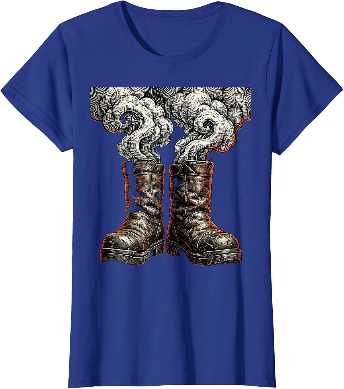 Women's Worn Firefighter Turnout Boots Smoking Graphic T-Shirt - Royal Blue