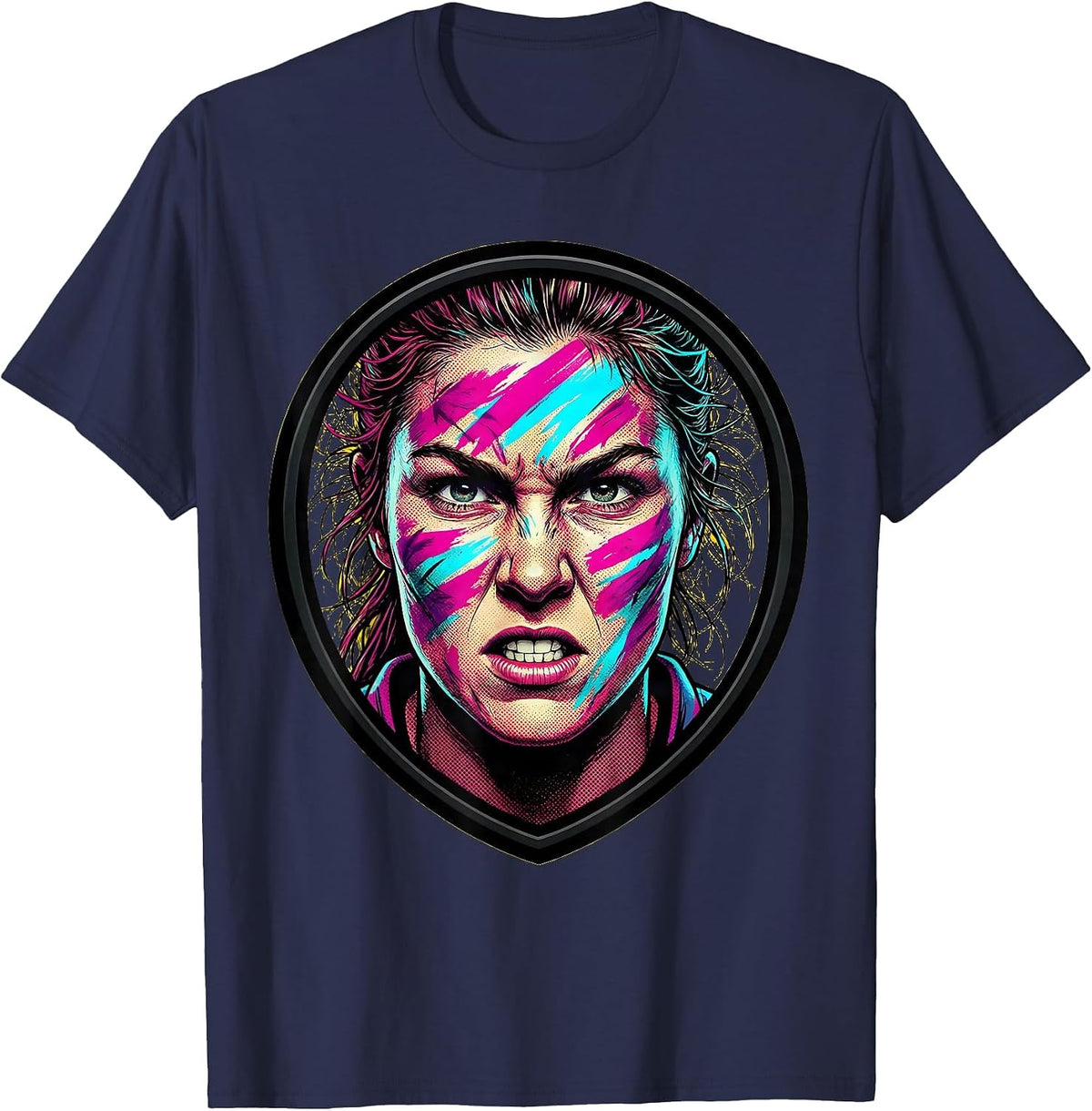 Fierce Rugby Player War Paint Illustration T-Shirt - Navy Blue