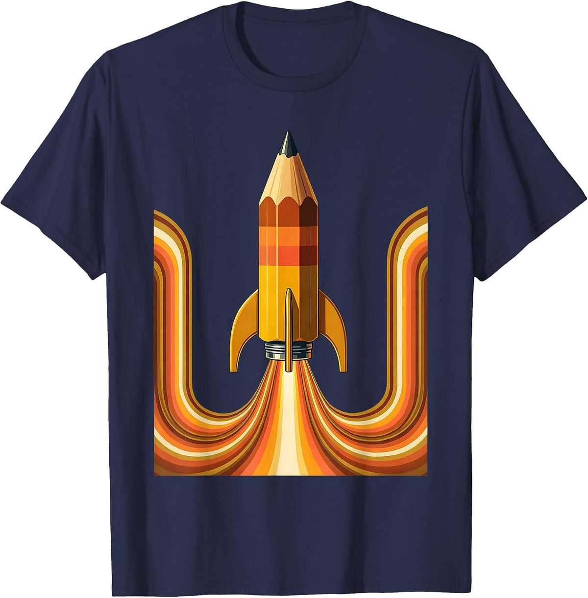 Reading Teacher Pencil Rocket Launch Graphic T-Shirt - Navy Blue