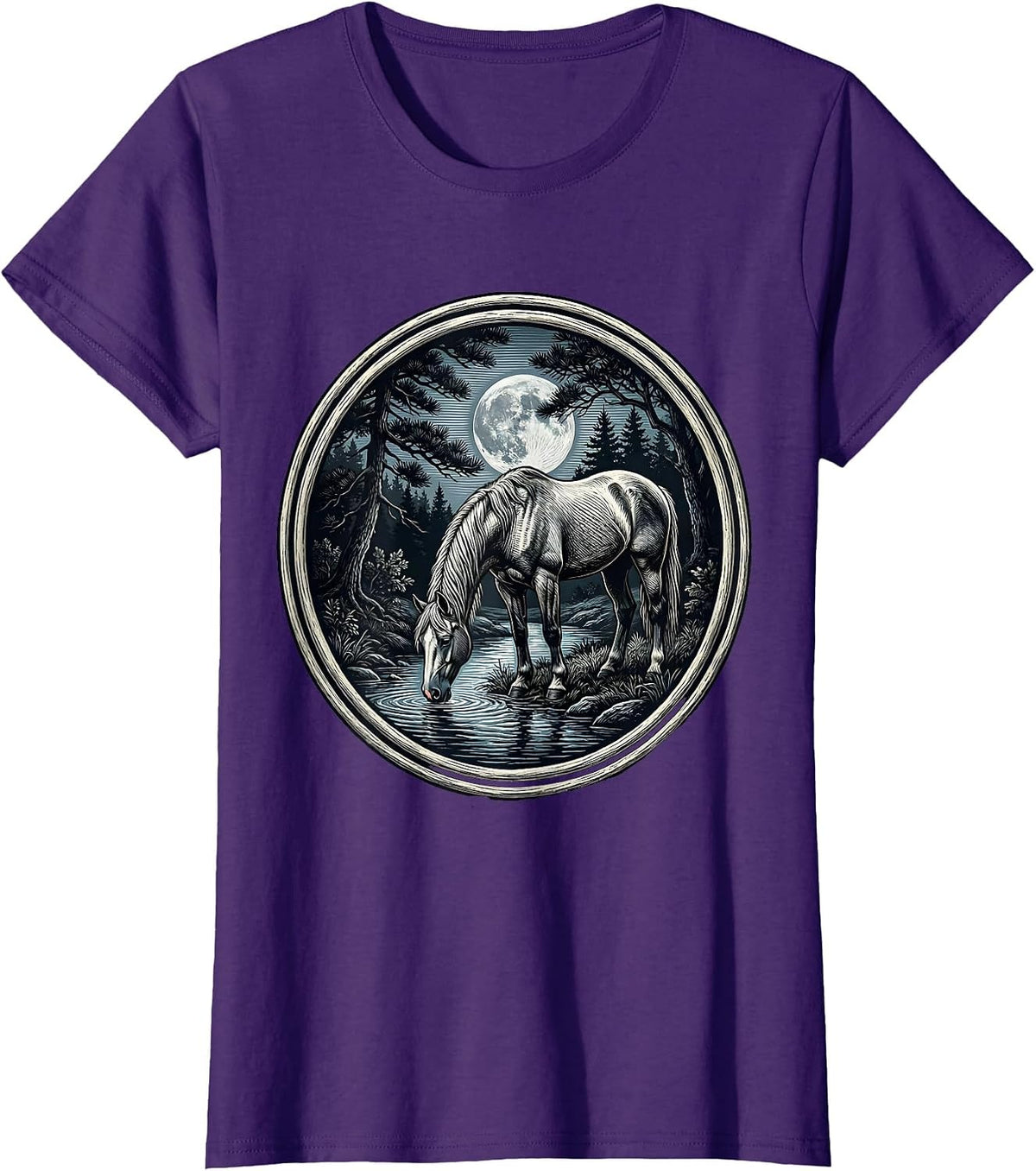Women's Horse Drinking from Moonlit Forest Stream T-Shirt - Purple