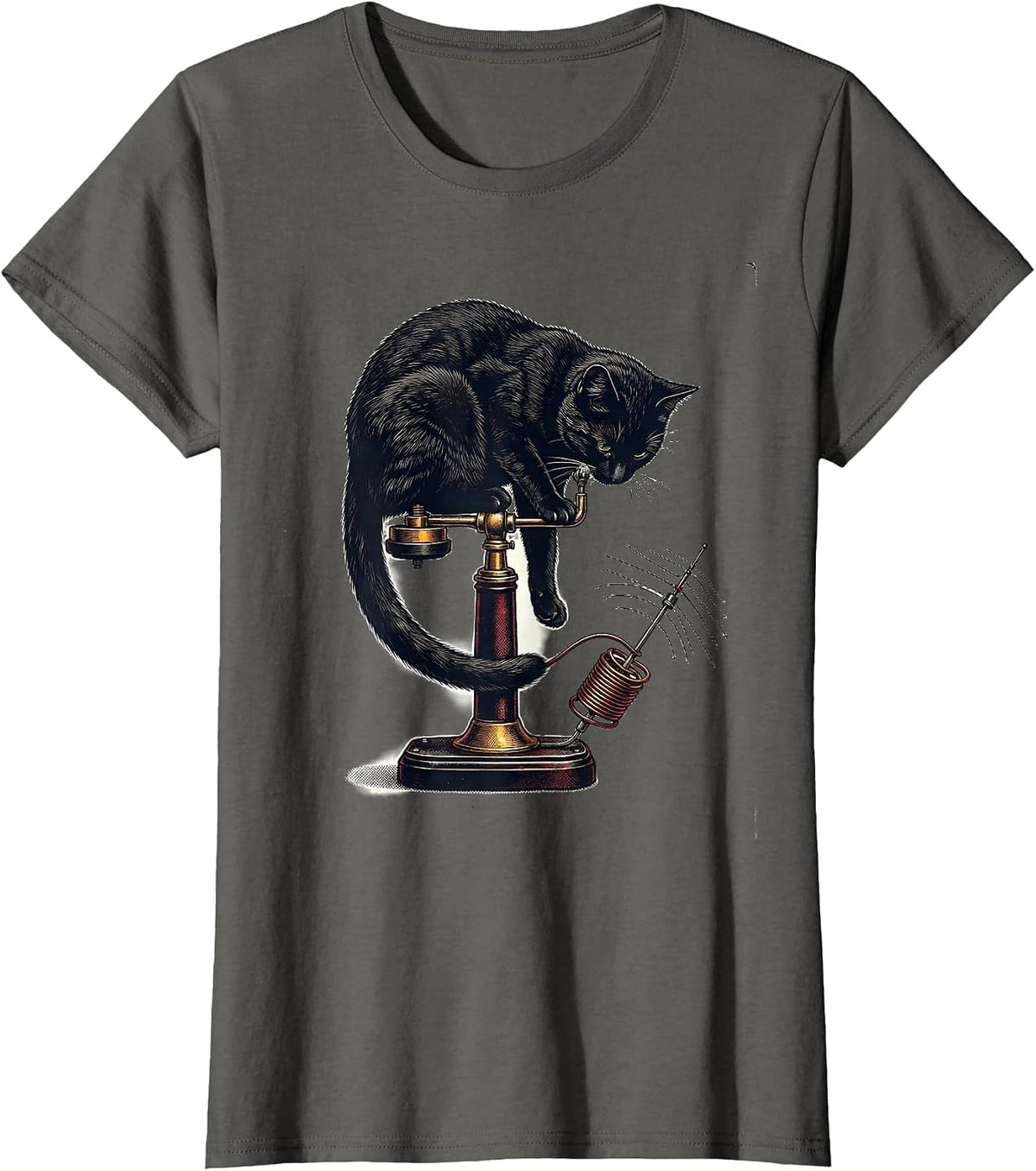 Women's Curled Cat on Telegraph Key Vintage Ham Radio Humor T-Shirt - Asphalt Grey
