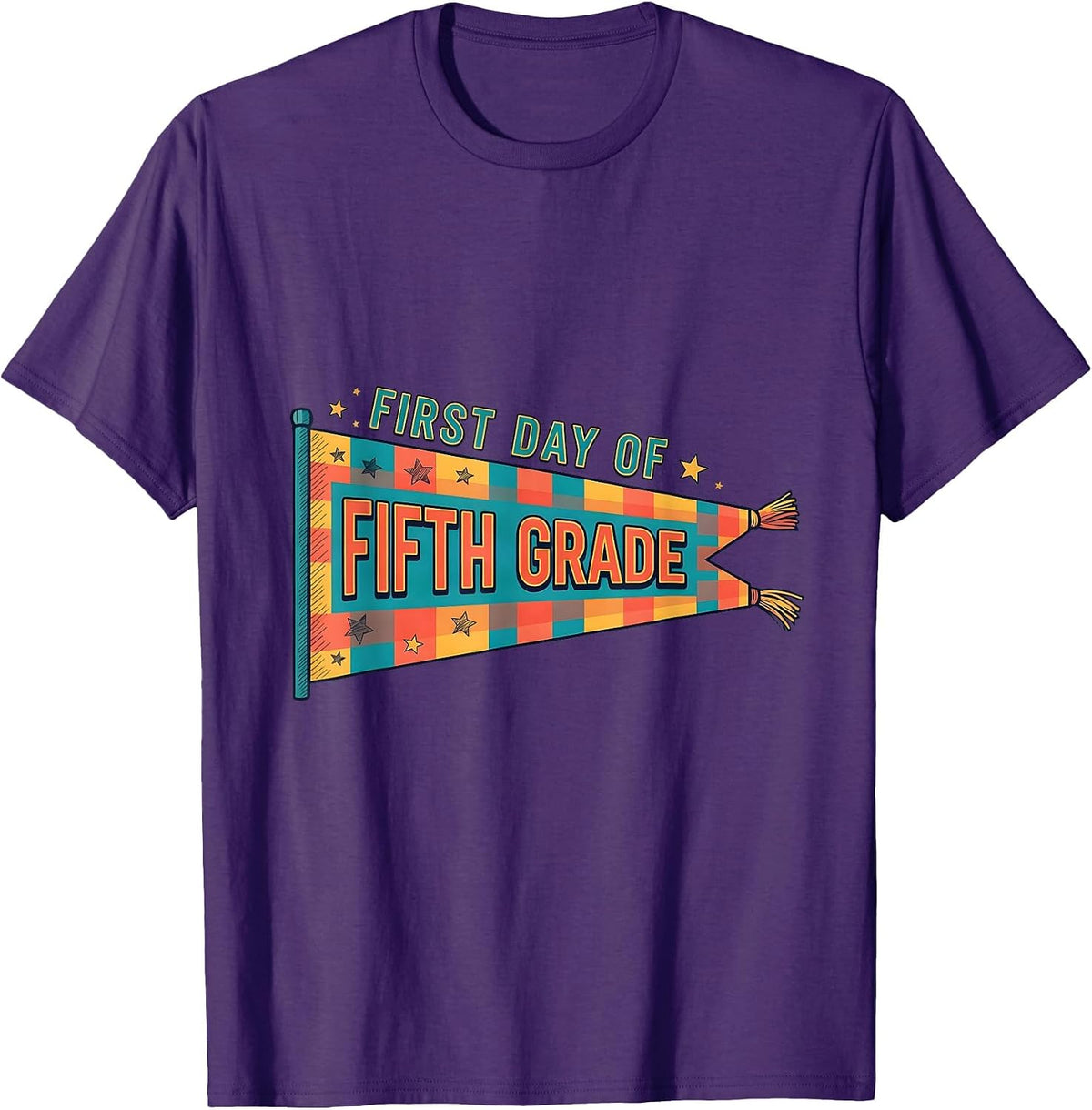 Men's First Day of Fifth Grade Cheerful Back to School Pennant T-Shirt - Purple
