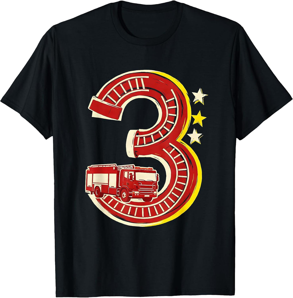 Men's Numeral Three Fire Truck Toddler Birthday Party T-Shirt - Black
