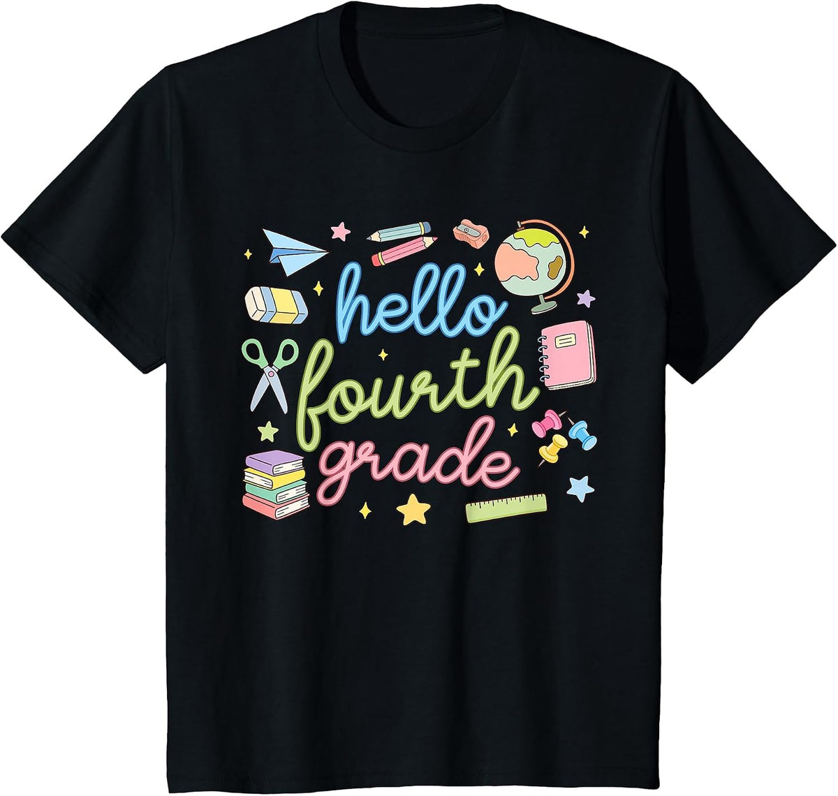 Back to School First Day Hello Fourth 4th Grade Teacher Girl T-Shirt - Black