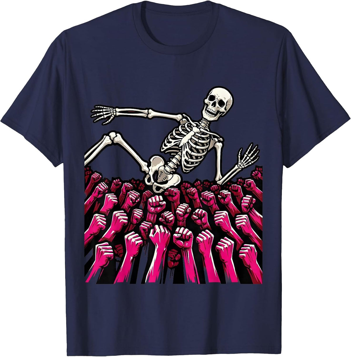 Skeleton Crowd Surfing Punk Concert Graphic T-Shirt - Navy Blue