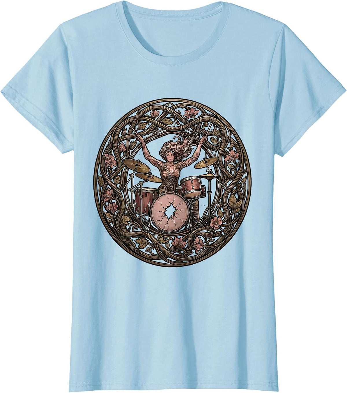 Women's Drummer Through Cracked Bass Drum Band Tee T-Shirt - Baby Blue