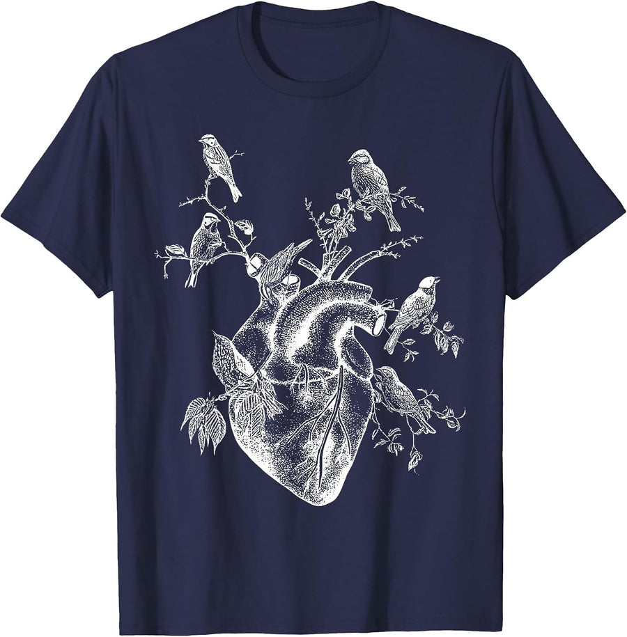 Vintage Anatomy Heart Birds Tree Anatomical Cardiac Nurse T-Shirt - Navy Blue
