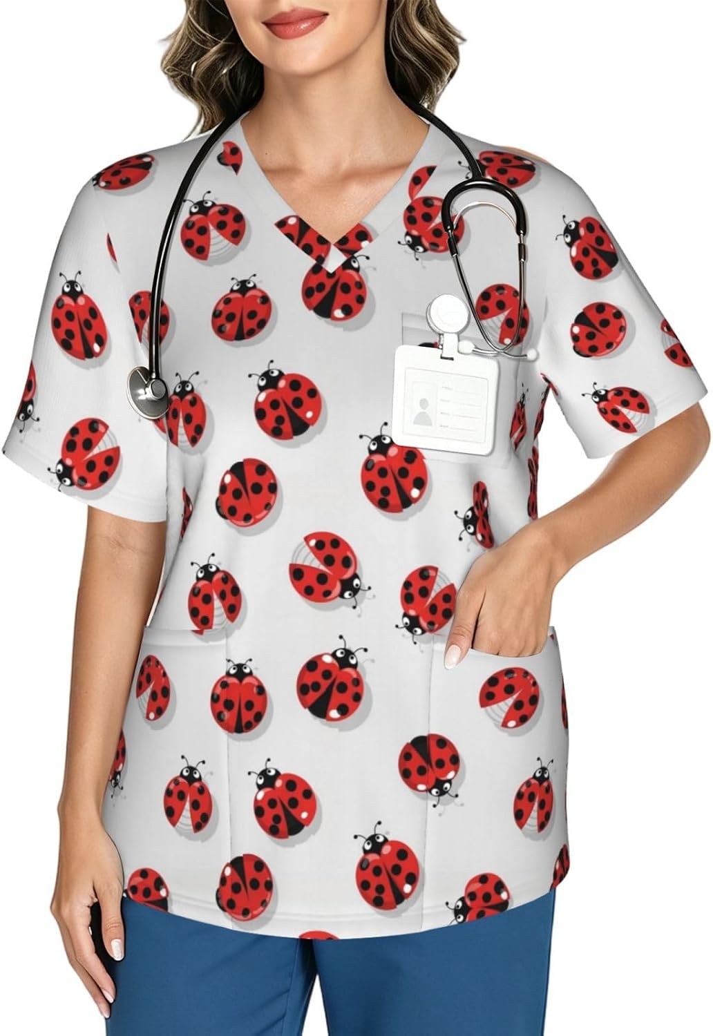 Supdreamc Women's Scrub Top Flexible V Neck Short Sleeve Nursing Uniform - Pattern (785)