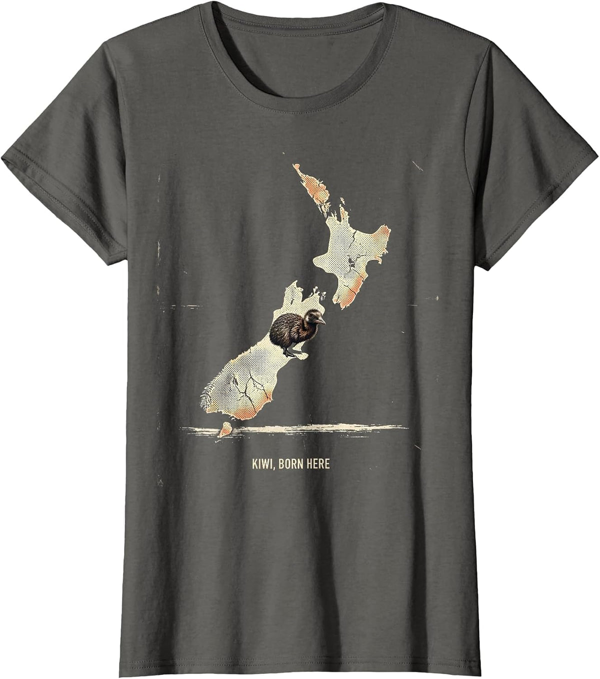 Women's Kiwi Born Here Distressed New Zealand Map Bird Lover Gift T-Shirt - Asphalt Grey