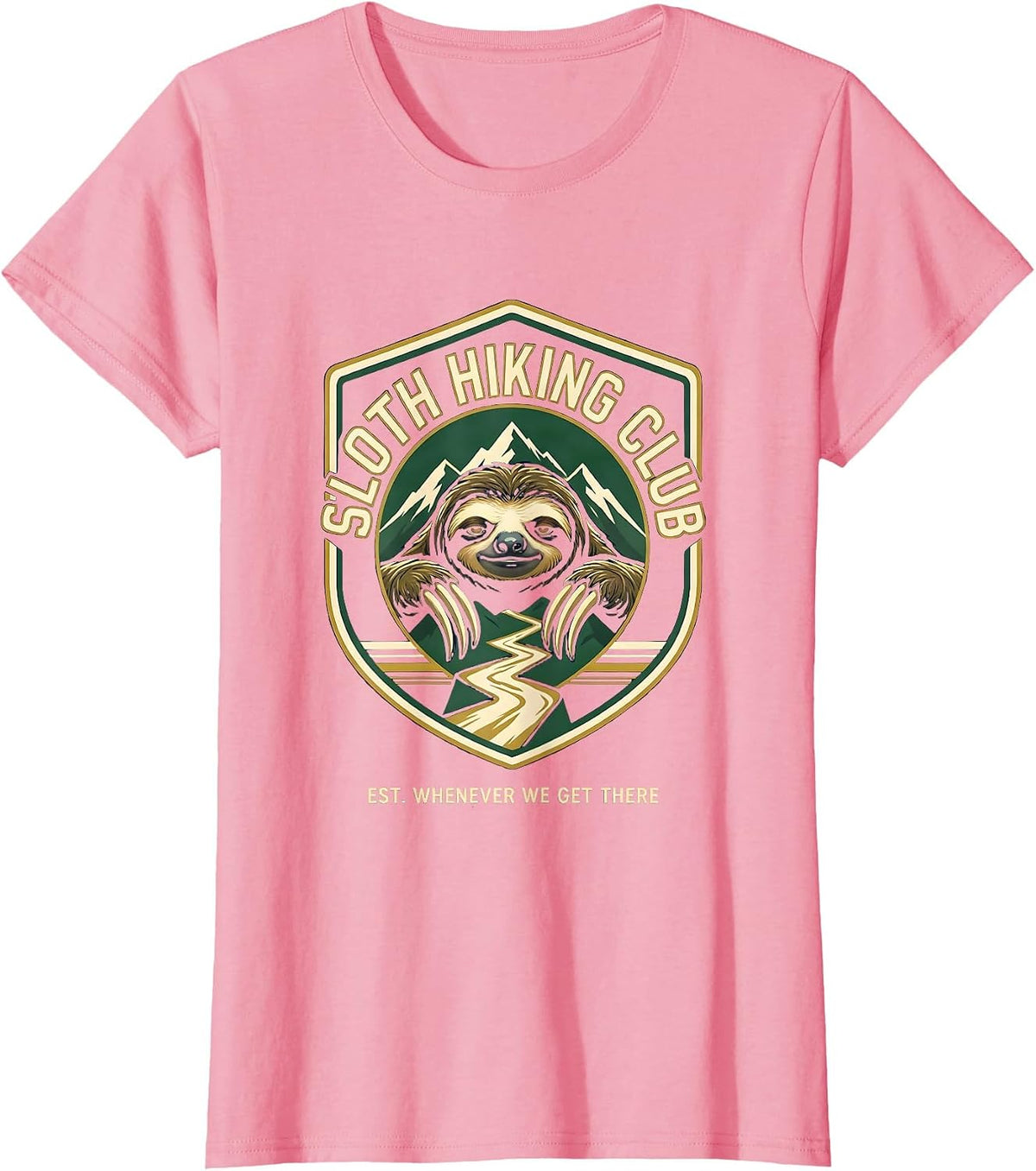 Women's Sloth Hiking Club Est. Whenever We Get There Funny T-Shirt - Pink