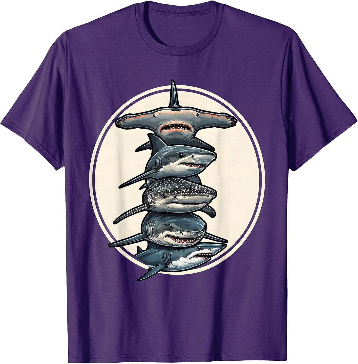Shark Species Totem Cartoon Ocean Wildlife Novelty T-Shirt - Purple