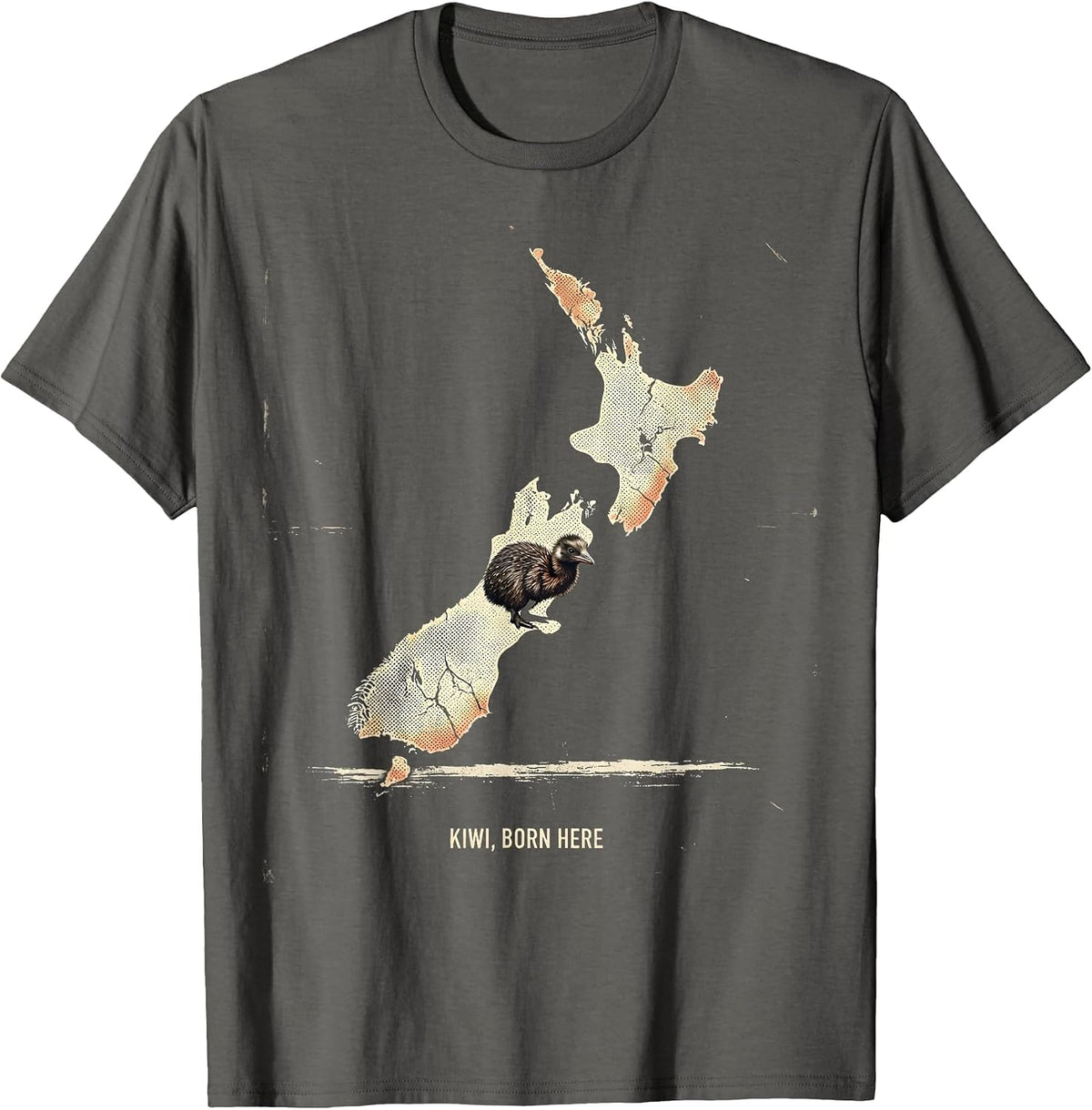Men's Kiwi Born Here Distressed New Zealand Map Bird Lover Gift T-Shirt - Asphalt Grey