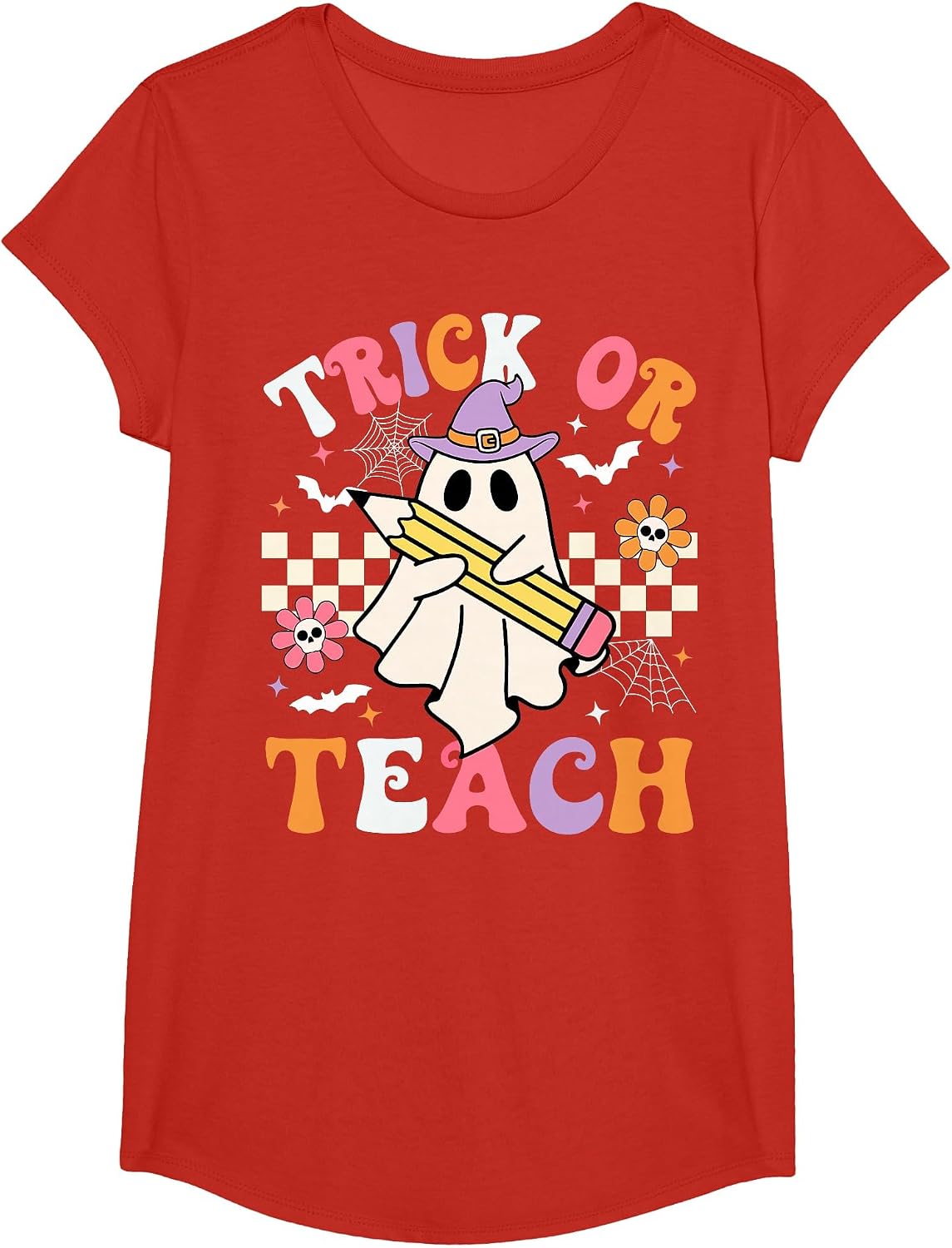 Trick Or Teach Groovy Teacher Halloween Retro Teacher Ghost T-Shirt - Girls Red