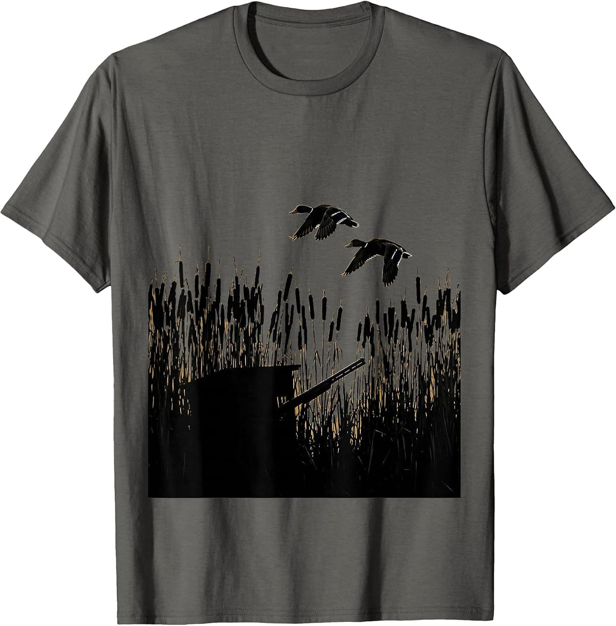 Duck Blind Cattail Reeds Waterfowl Hunting Graphic T-Shirt - Asphalt Grey