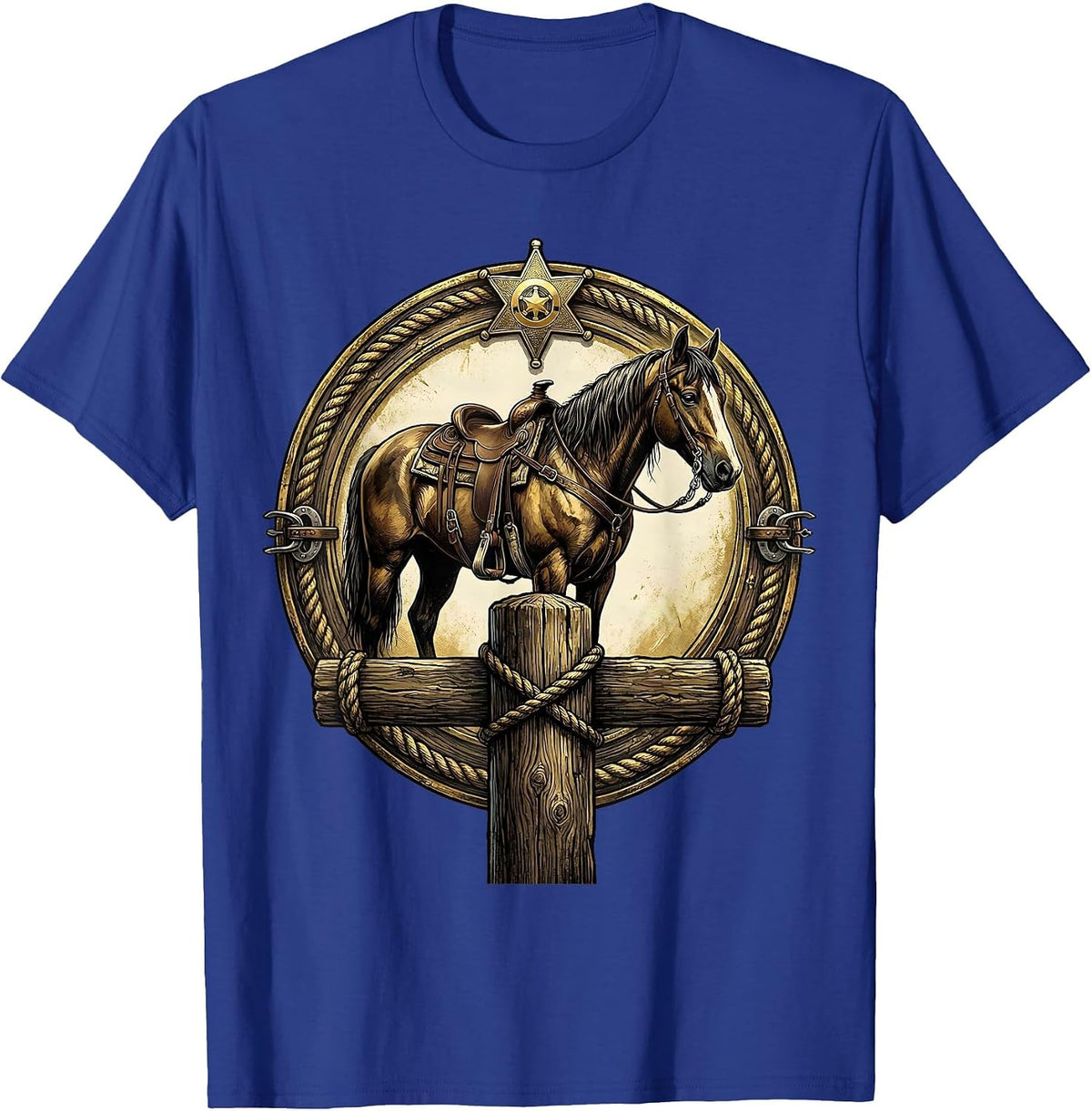 Saddled Horse Tied to Saloon Post Western Art T-Shirt - Royal Blue