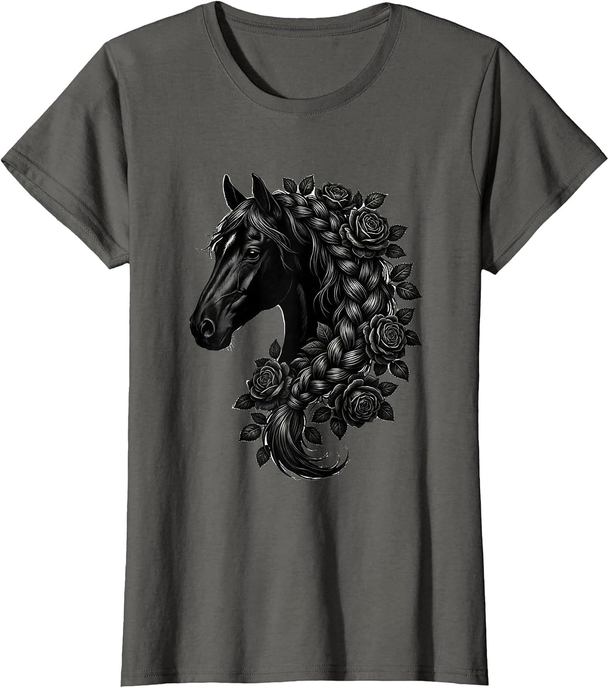 Women's Horse Mane Braided With Wild Roses Graphic T-Shirt - Asphalt Grey