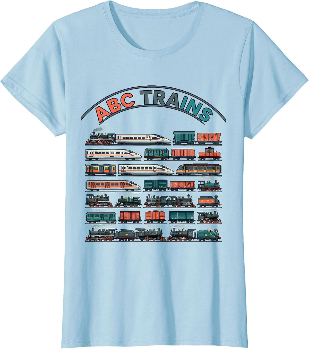 Women's ABC Trains Bold Alphabet A-Z Kids Learning Letters Railway T-Shirt - Baby Blue