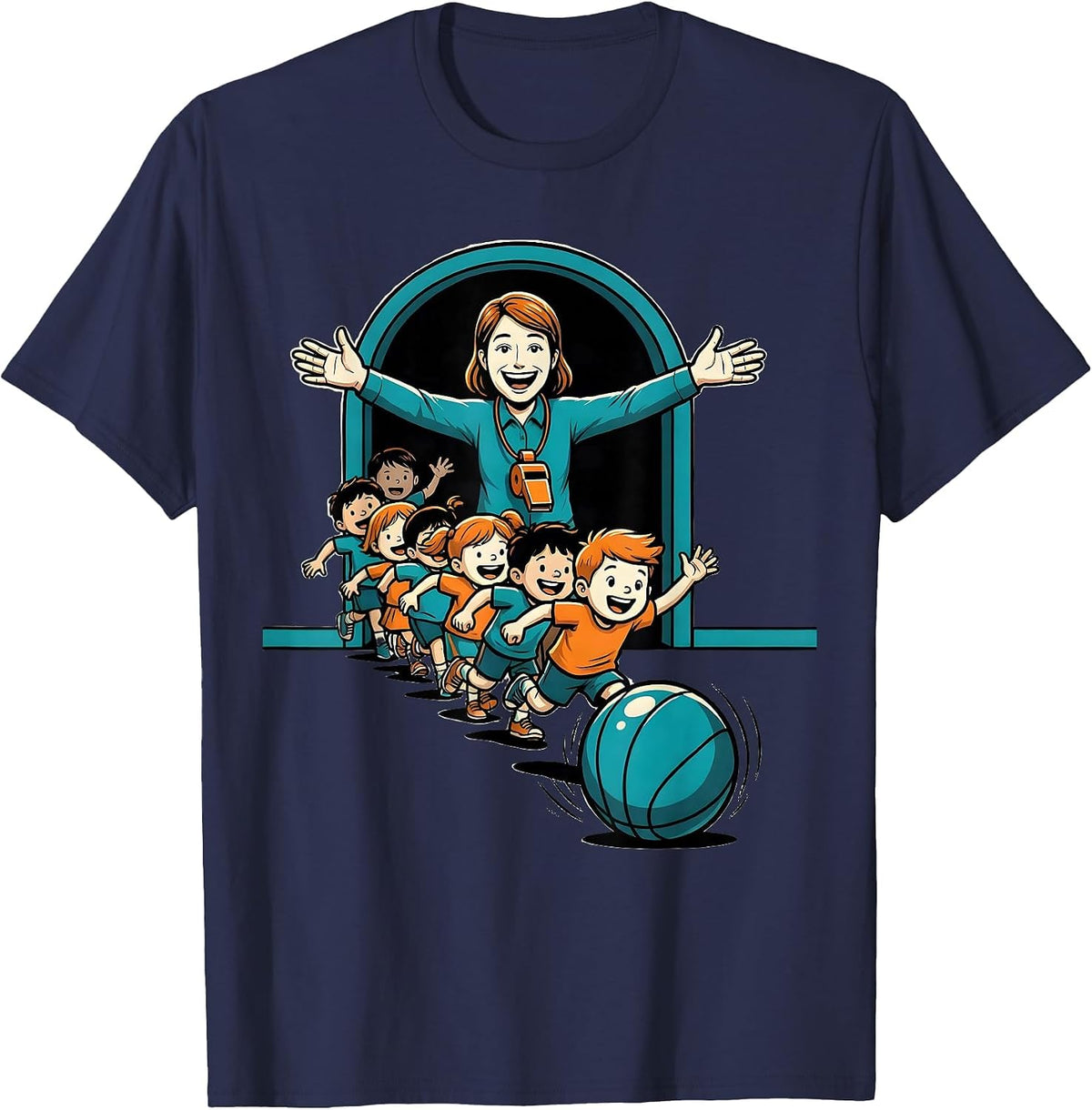 PE Teacher Skipping Line Cartoon Back To School Humor T-Shirt - Navy Blue