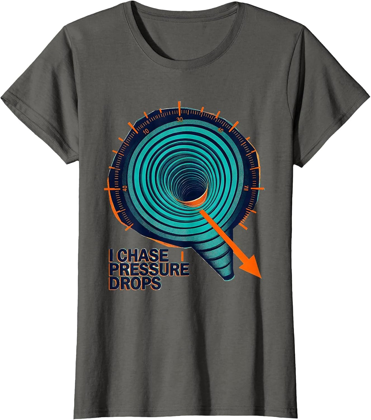 Women's I Chase Pressure Drops Risograph Tornado Chaser Meteorology T-Shirt - Asphalt Grey
