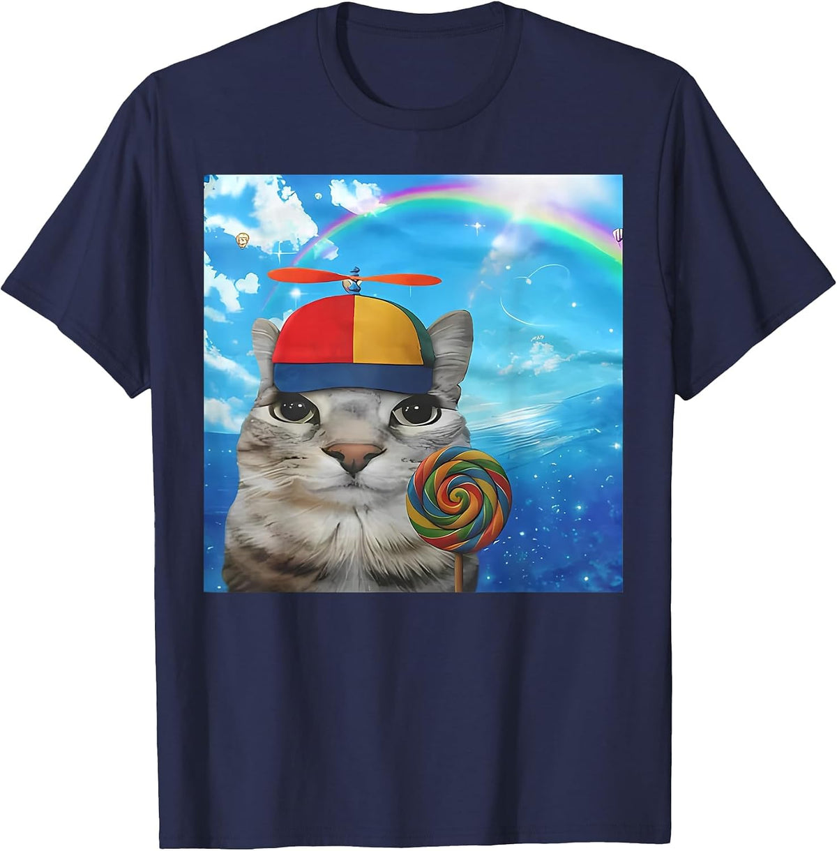 Happy Cat Dreamcore Funny Silly Kitten Brainrot Meme T-Shirt - Navy Blue