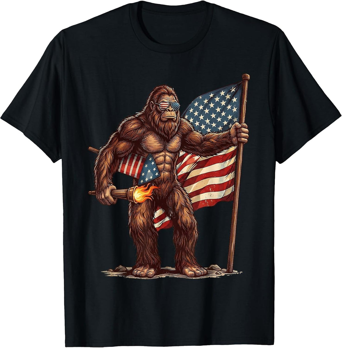 Bigfoot 4th of July Men Fireworks Sasquatch American Flag T-Shirt - Black