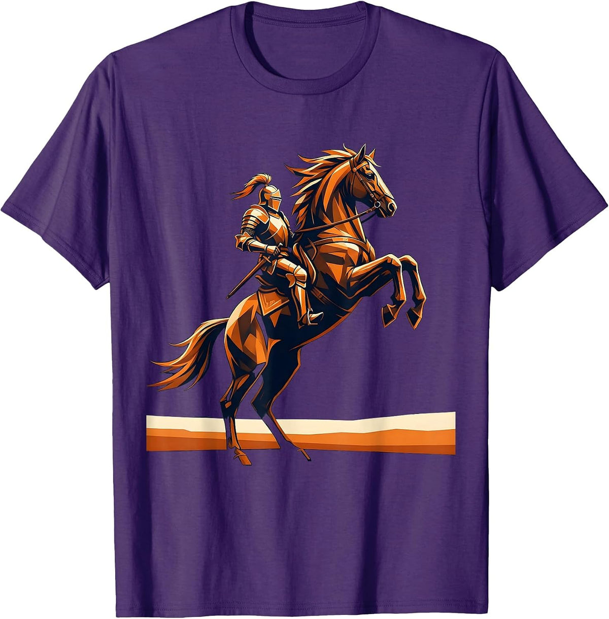 Knight in Armor on Rearing Horse Illustration T-Shirt - Purple