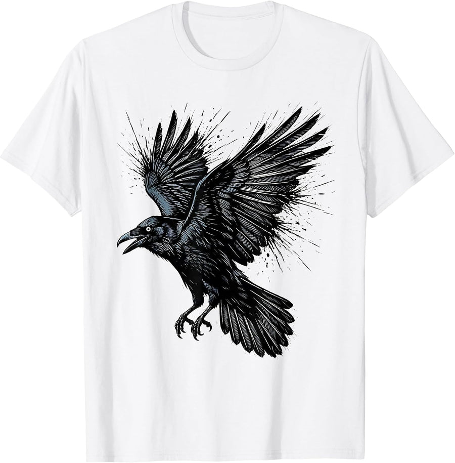 Men's Raven Watercolor Splatter Feathers Art Design T-Shirt - White
