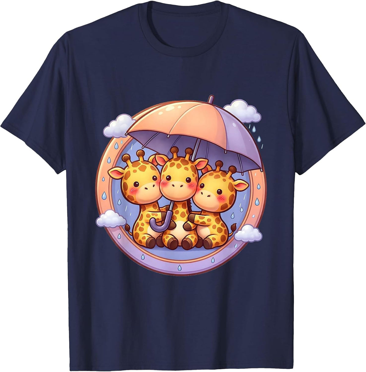 Three Giraffes Sharing an Umbrella Illustration T-Shirt - Navy Blue