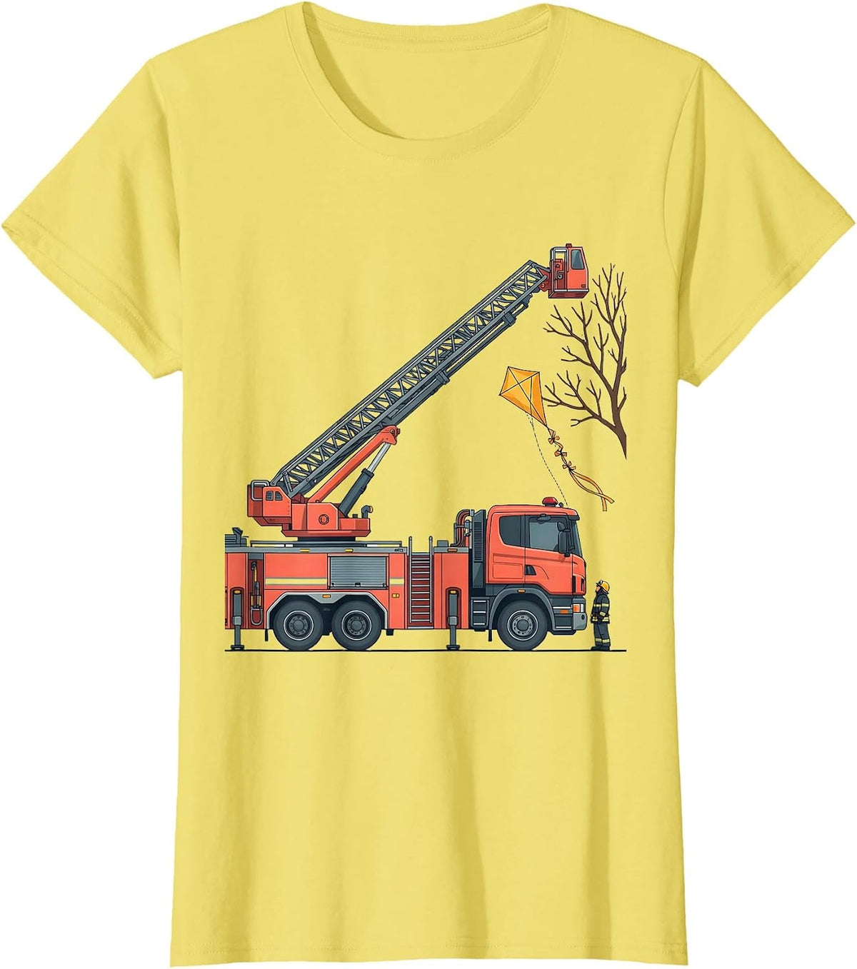 Fire Engine Ladder Rescue Flat Vector Firefighter Humor T-Shirt - Lemon Yellow