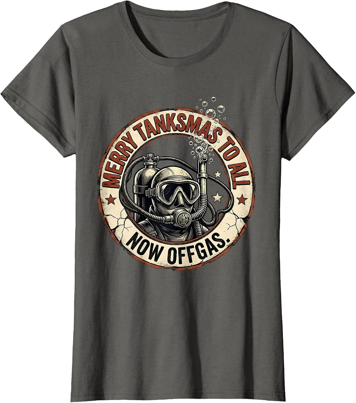 Women's Merry Tanksmas To All, Now Offgas Distressed Scuba Diver T-Shirt - Asphalt Grey
