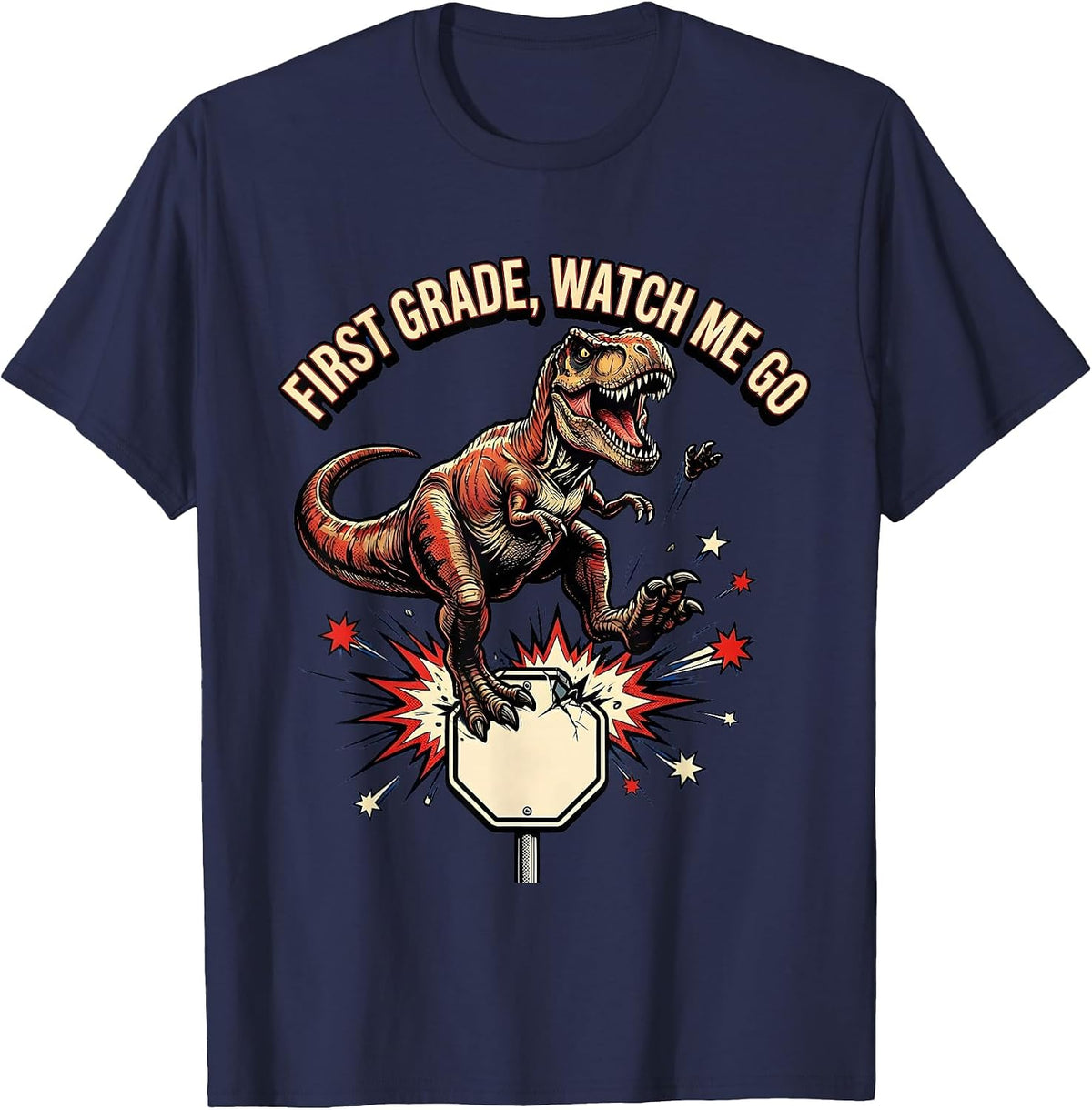 Men's First Grade Watch Me Go Comic Book Dinosaur Boy Back T-Shirt - Navy Blue