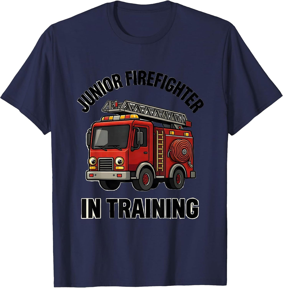Men's Junior Firefighter In Training Bold Cartoon Fire Truck Kids T-Shirt - Navy Blue