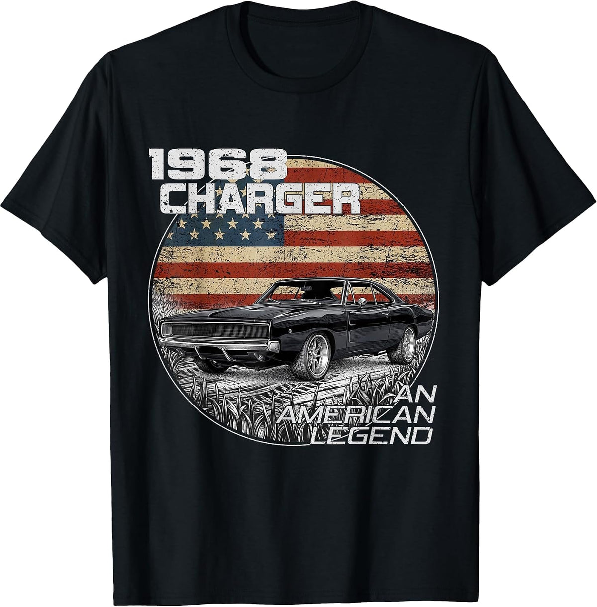 1968 68 Charger American Flag Silhouette Muscle Car T-Shirt - Black